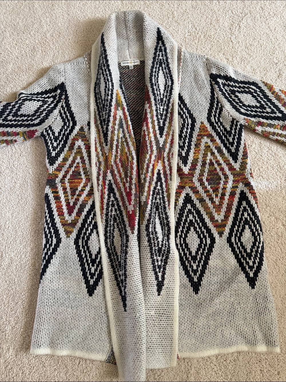 Woven Heart Cream Open-Front Cardigan with Black, Rust & Olive Diamond Pattern